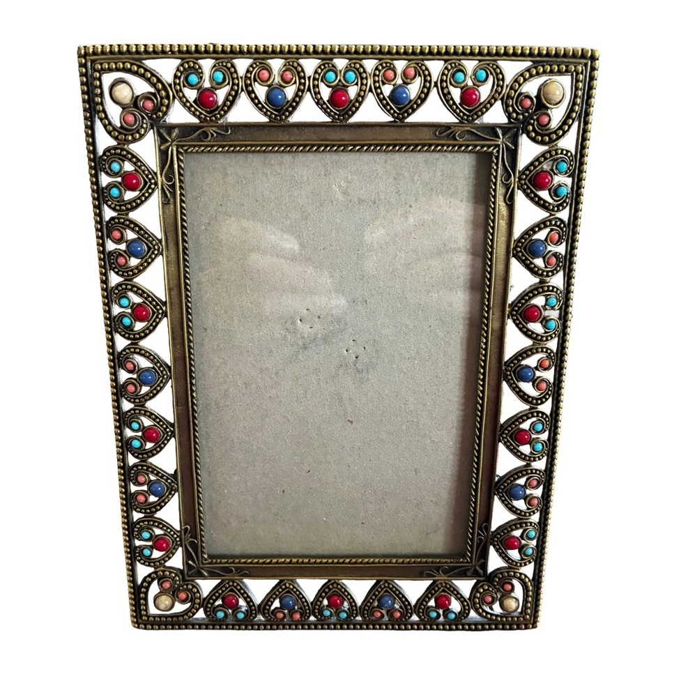 Vintage Brass Filigree Heart Beaded Picture Frame Boho Gold Tone